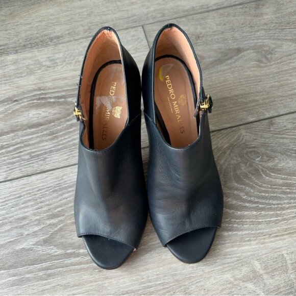 Pedro Miralles Navy Smooth Leather Open Toe Heeled Bootie Made in Spain - Picture 4 of 14